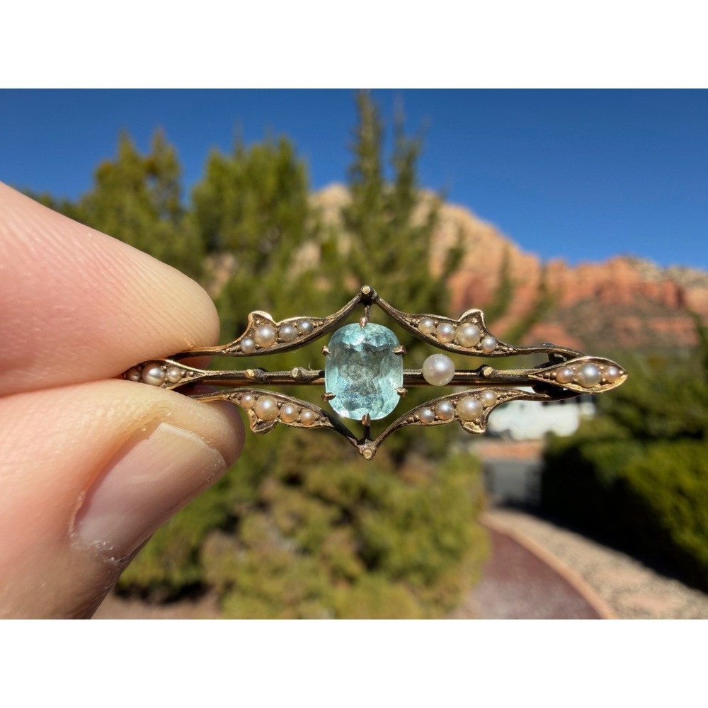 Antique Edwardian 14k Gold Aquamarine Seed Pearl Bar Brooch Art Nouveau c1905 - Picture 1 of 12